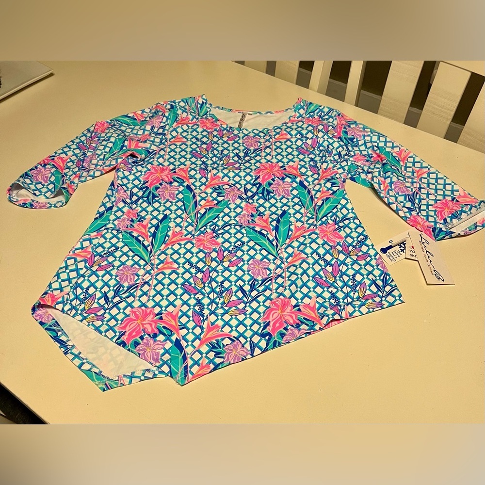 Lulu-B UPF 50 Cooling Fabric 3/4 Sleeve Top Tropical Floral Grid Print Large NWT